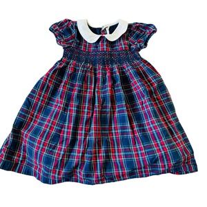 Vtg JoJo Maman Bebe Plaid Smocked Dress Peter Pan Collar Tie Back Cottage 5/6
